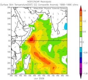 The June SST image, obtained from the NOAA Climate Diagnostics Center, illustrates the sea surface temperature warming in the Indian Ocean that Dr. Funk discusses.