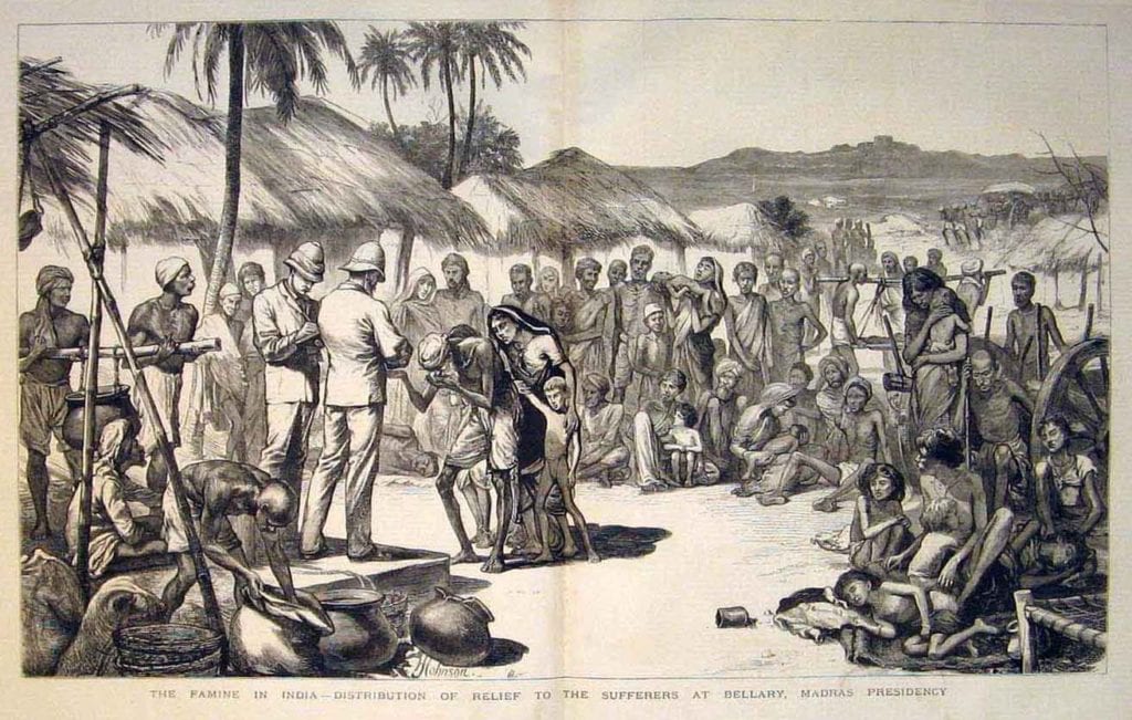Illustration of famine relief being handed out in India 1877