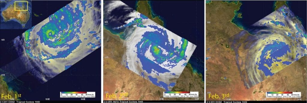 TRMM satellite image of Tropical Cyclone Yasi on Feb. 1-3, 2011 