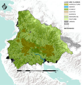 Delineated watershed and sub-basins and defined land cover of Arenal-Tempisque Watershed derived from processing in SWAT model. Image Credit: Costa Rica Water Resources II Team 