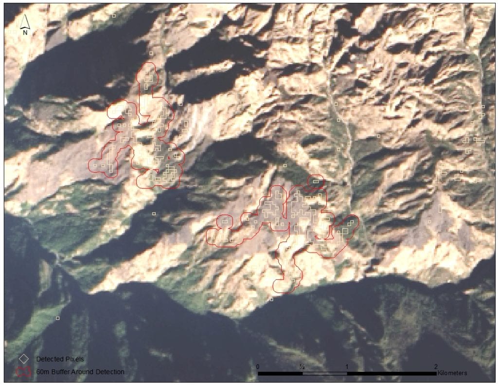 The red regions represent landslide events delineated through SLIP. Image Credit: Himalaya Disasters Team 