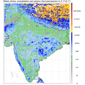 Figure 3. Precipitation per person (ton/year/person in 0.1 by 0.1-degree space) over India. Image Credit: Co-Author C. Liu 
