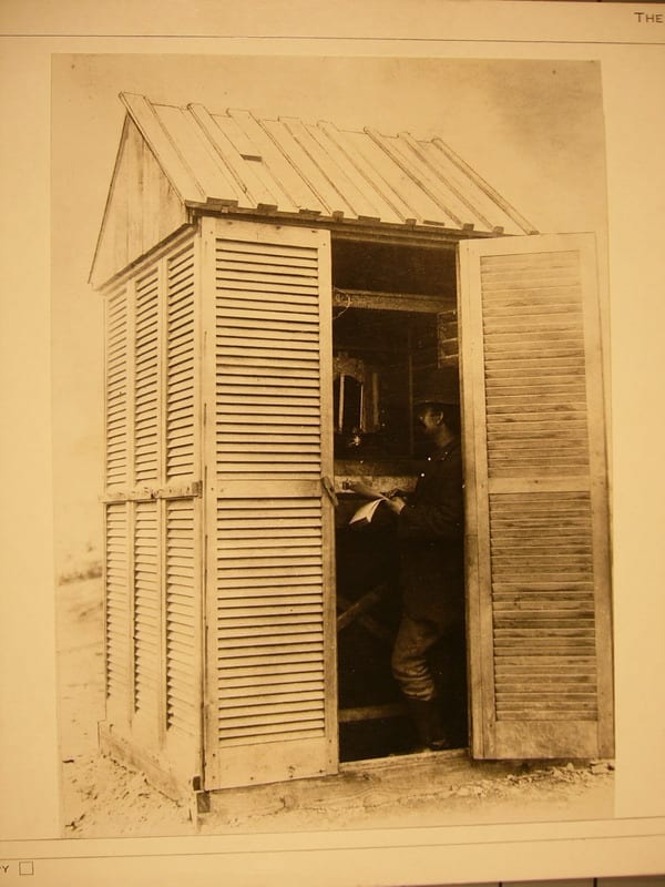 Image of Sgt. Winfield Jewell taking meteorological observations at Fort Conger, Grinnell Land in 1882.