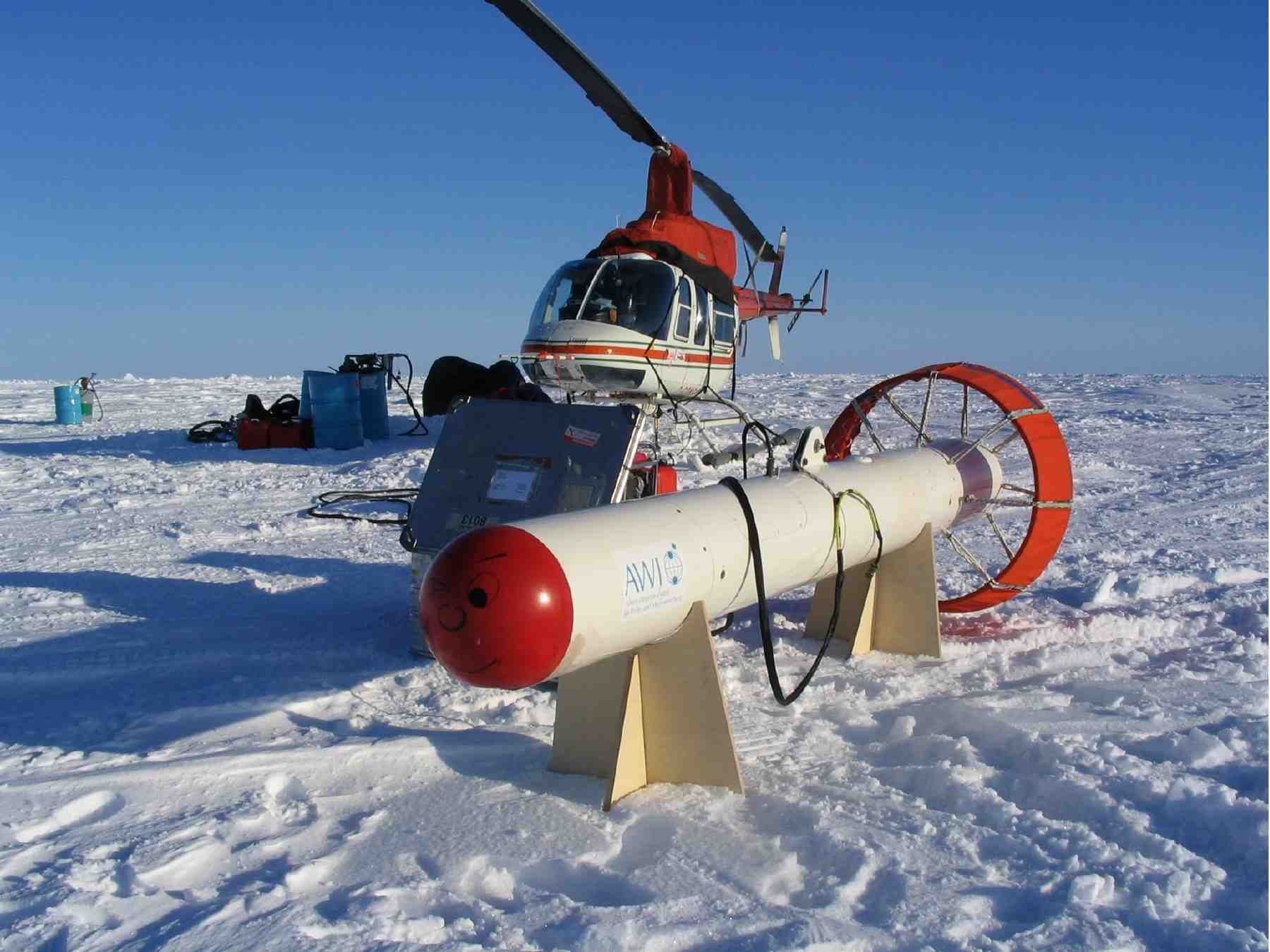 Image of the EM-bird, a helicopter-towed electromagnetic sensor used for regional surveys of sea ice thickness