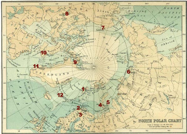 Image of map showing the locations of the 14 principal research stations in the Polar regions.