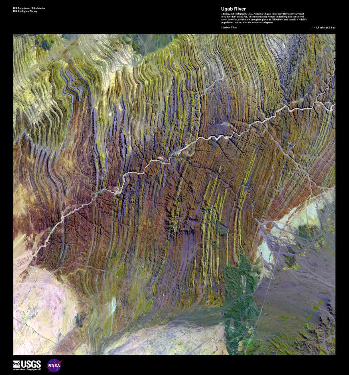 Ugab River. Image taken 9/10/2002 by Landsat 7 (This image can be found on Landsat 7 Path 180 Row 75, center: 21.7 N, 14.1 E.).