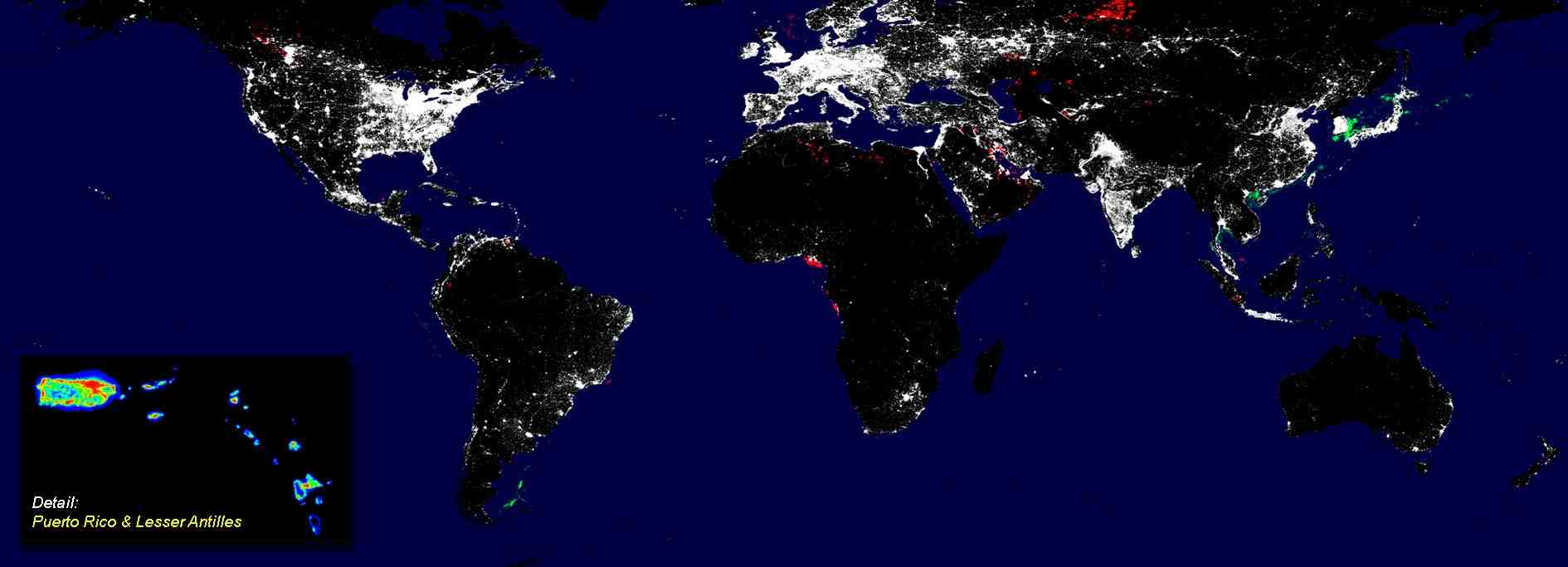 Figure 1. DMSP nighttime lights (White: Cities, Red: Gas flares, Blue: Fishing boats); Inset: Light Intensity of Puerto Rico and the Lesser Antilles