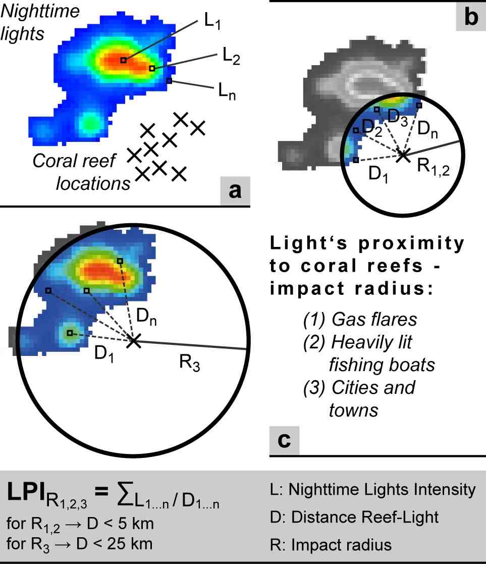 Figure 2. Calculation of the Lights Proximity Index. (a) shows a set of coral reefs near an area featuring artificial night lighting. During the LPI calculation a circle is computed around each coral reef location using a predefined radius according to the respective reef stressor. Only nighttime lights falling inside the circle area are used in the index calculation. Because cities and towns are considered to have a much larger influence, the radius is set to 25 km (R3 in part c) compared to a radius of 5 km used in the LPI calculation for reefs located close to gas flares and heavily lit fishing boats (R1,2 in part b). The intensity values of all relevant nighttime lights grid cells in relation to their distances from the coral reef point location (L1…n/D1…n) are summed up. The potential reef endangerment grows with smaller distance values and stronger nighttime lights. The index value increases on a continuous numeric scale.