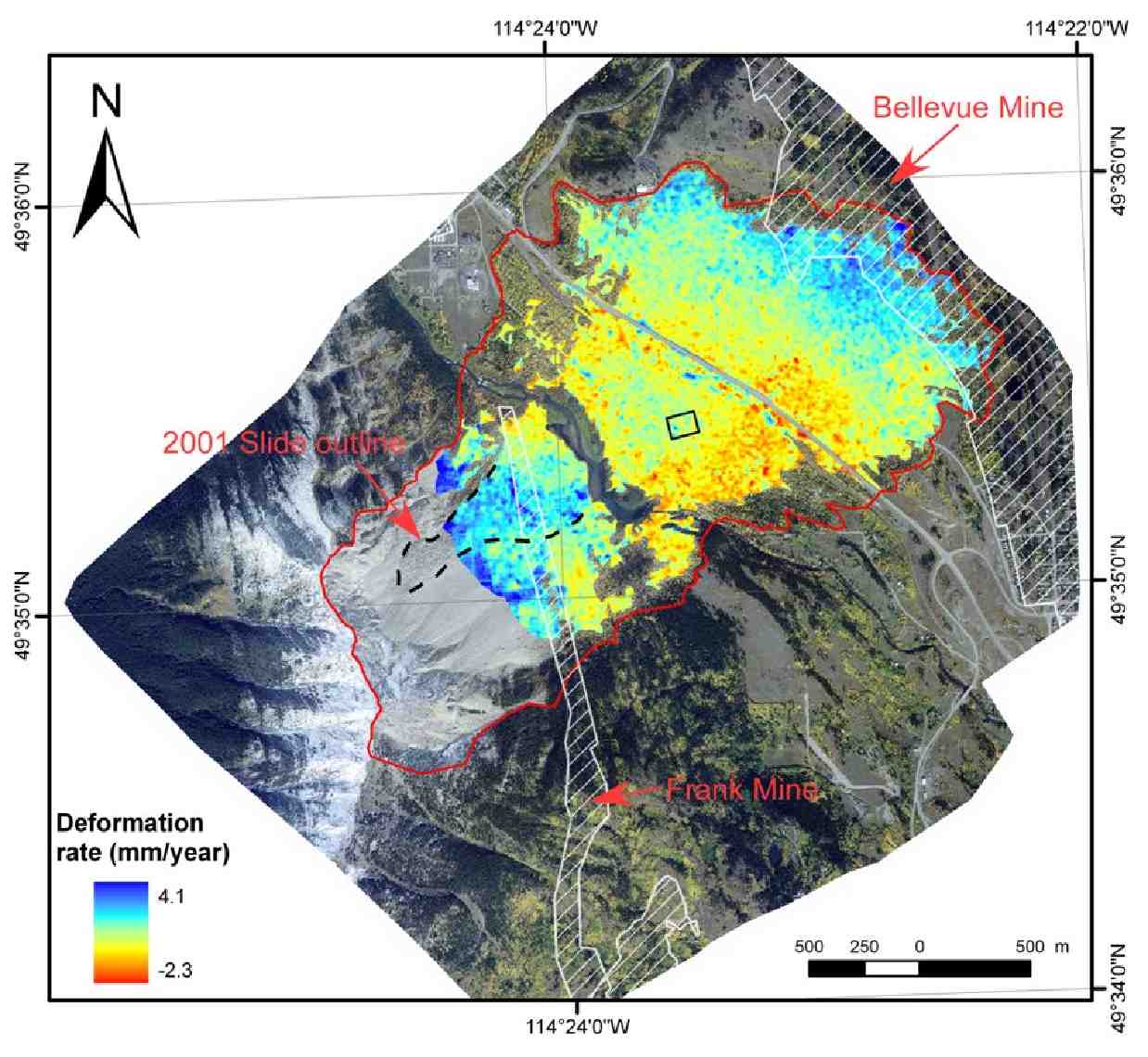 Image of a map showing subsidence of the ground overlying an abandoned coal mine working on Turtle Mountain.