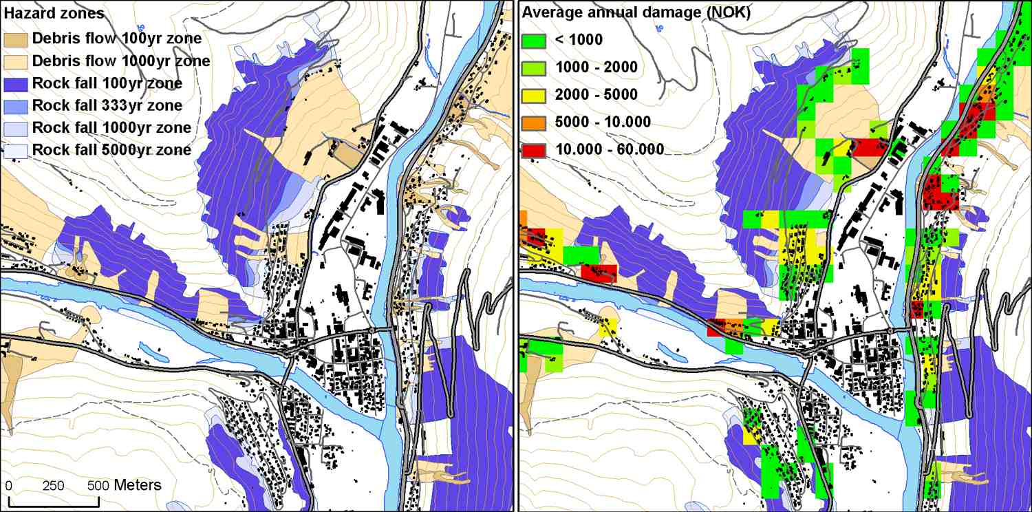 Figure 2: Model screenshots from Otta in south-central Norway. The left panel shows the input data (buildings and hazard zones) and the right panel shows the model output in terms of estimated average annual damage to buildings aggregated over 100 m grid cells. NOK 100 ≈ EUR 12.5