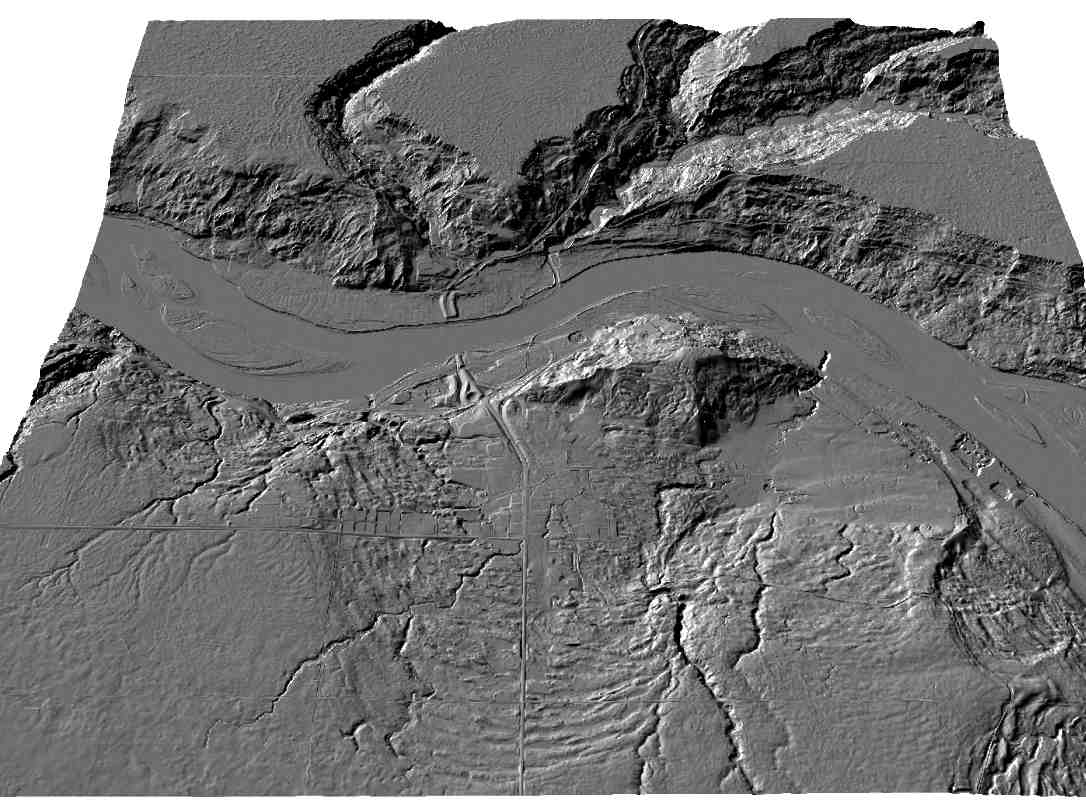 A bare earth LiDAR image showing the large landslides on which the town of Peace River and Highway 2 are located.