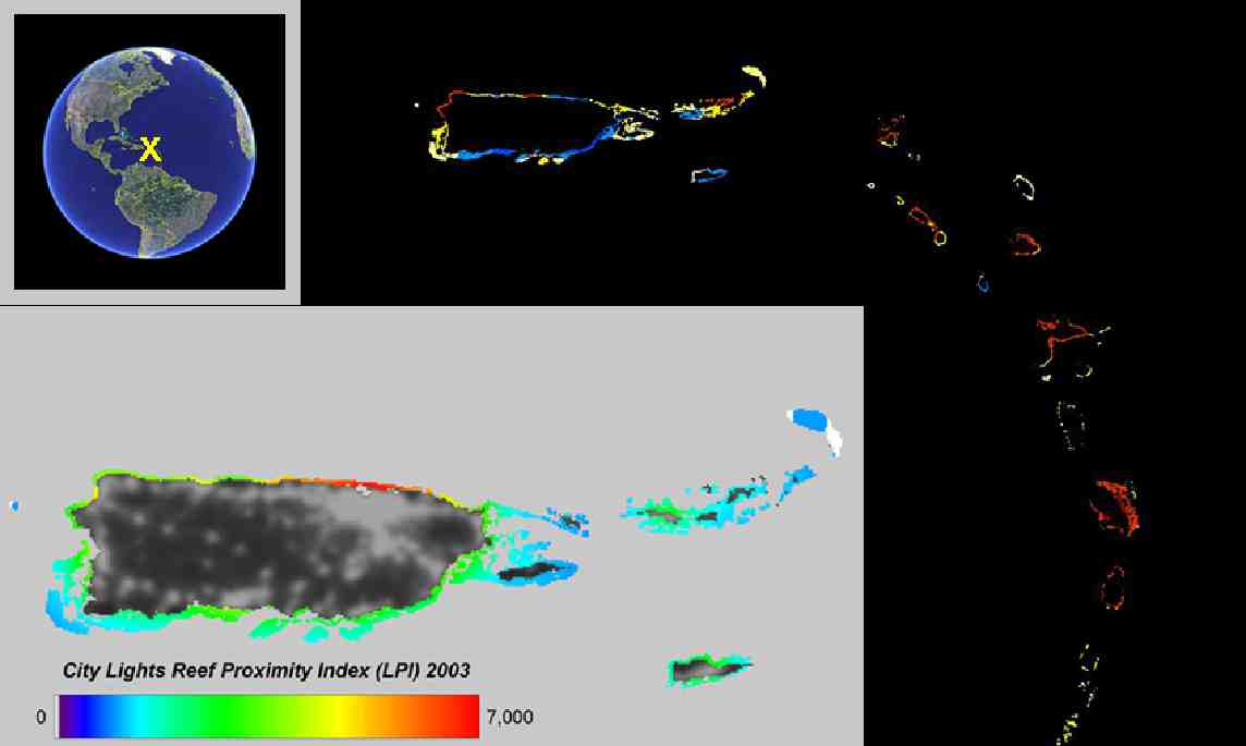 Figure 3. Results of the LPI calculation for 2003 (grey box) and for the time series analysis regarding 1992-2003 (black background; bipolar color scale: blue shades indicate improvement, red shades indicate deterioration). The location of the study area (Puerto Rico, Lesser Antilles) is shown on the top left.
