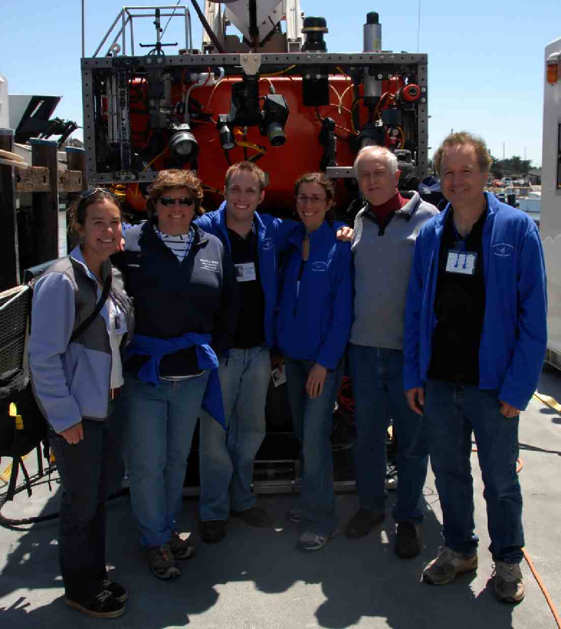 Observing the ROV Ventana perform a deep-water dive into the Monterey Submarine Canyon aboard the R/V Point Lobos proved to be a one-in-a-lifetime experience for Adina Abeles, Mele Williams, Jeff Watters, Dahlia Sokolov, and Ken Calderia while Peter Brewer explained life in the cold and low-oxygen/high-CO2 waters.