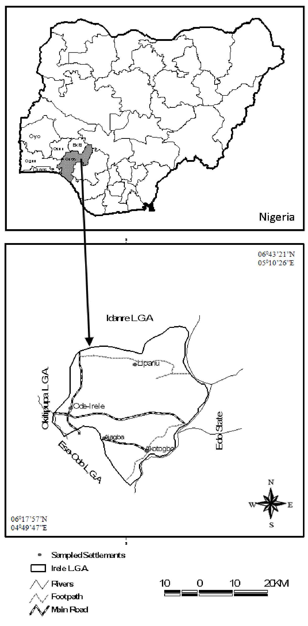 Fig 1: Map of Irele Local Government Area showing the study settlements