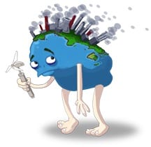 Image of a sad earth with factories polluting all on his back.