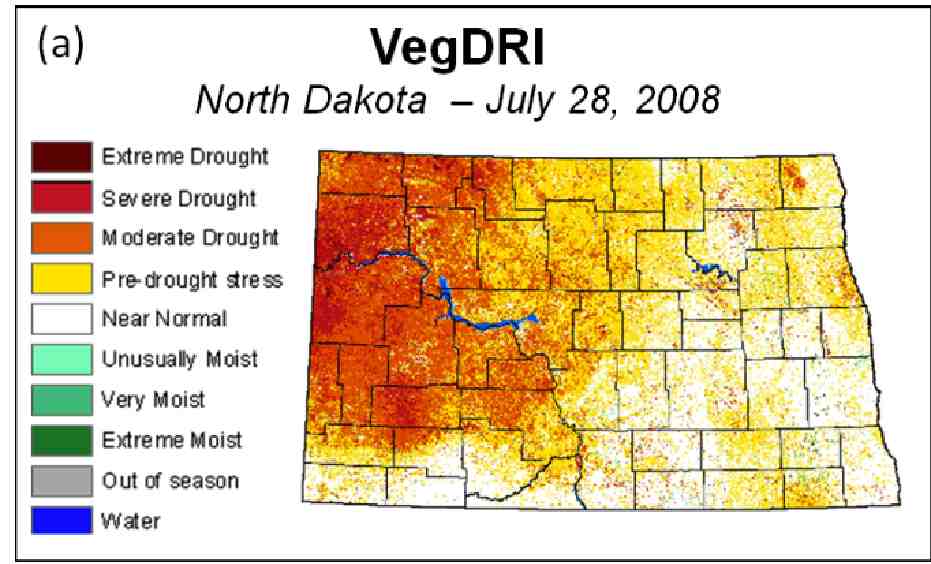 VegDRI (July 28, 2008) and U.S. Drought Monitor maps over North Dakota for July 28 and July 29, 2008, respectively.