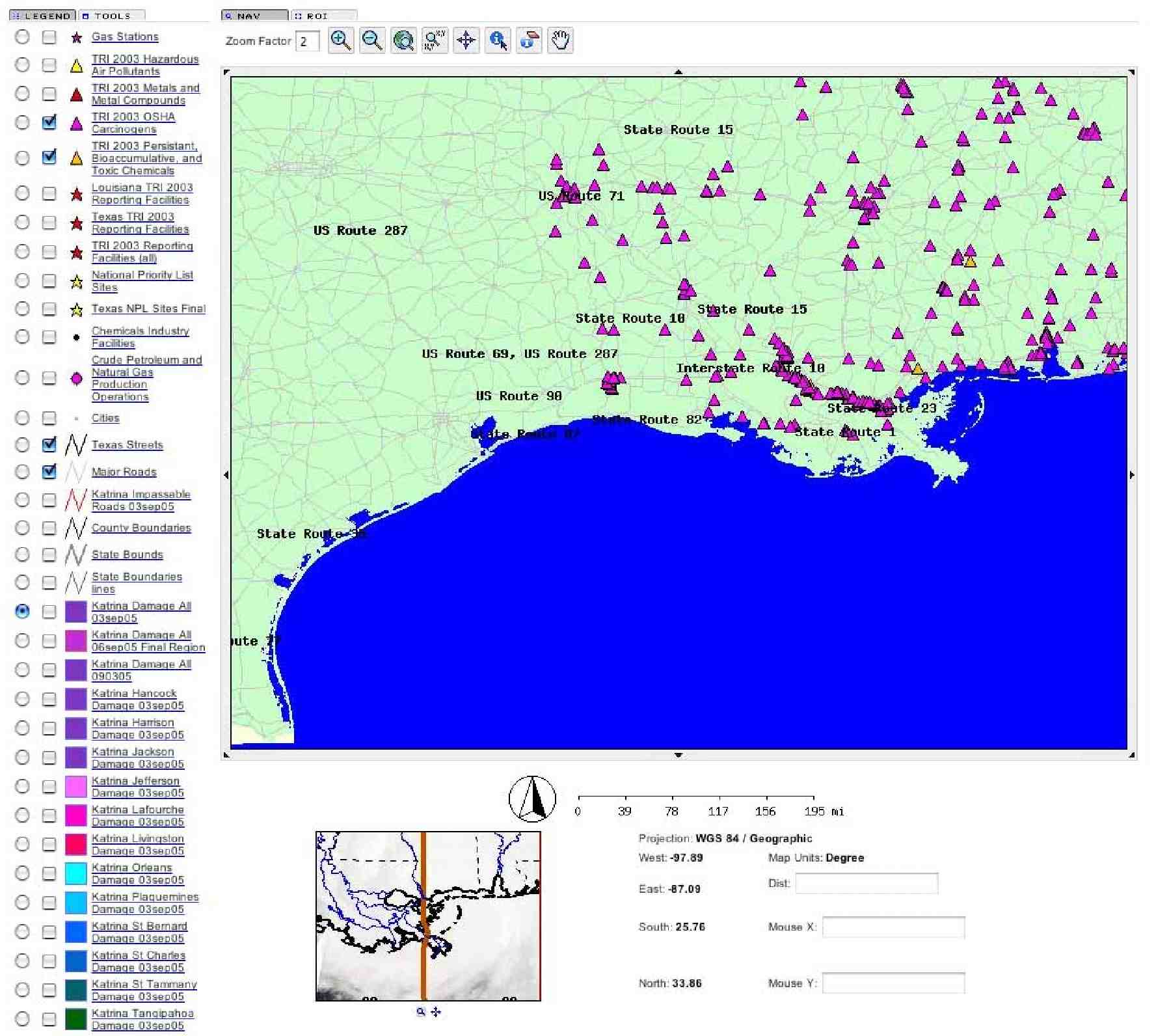 Figure 1. Map provided by the Telascience Katrina portal showing carcinogen sites map layer from the US National Institute of Health's National Institute of Environmental Health Sciences (NIEHS)