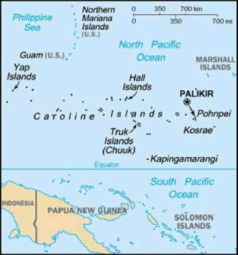 Map of the Caroline Islands, Indonesia and Papua New Guinea.