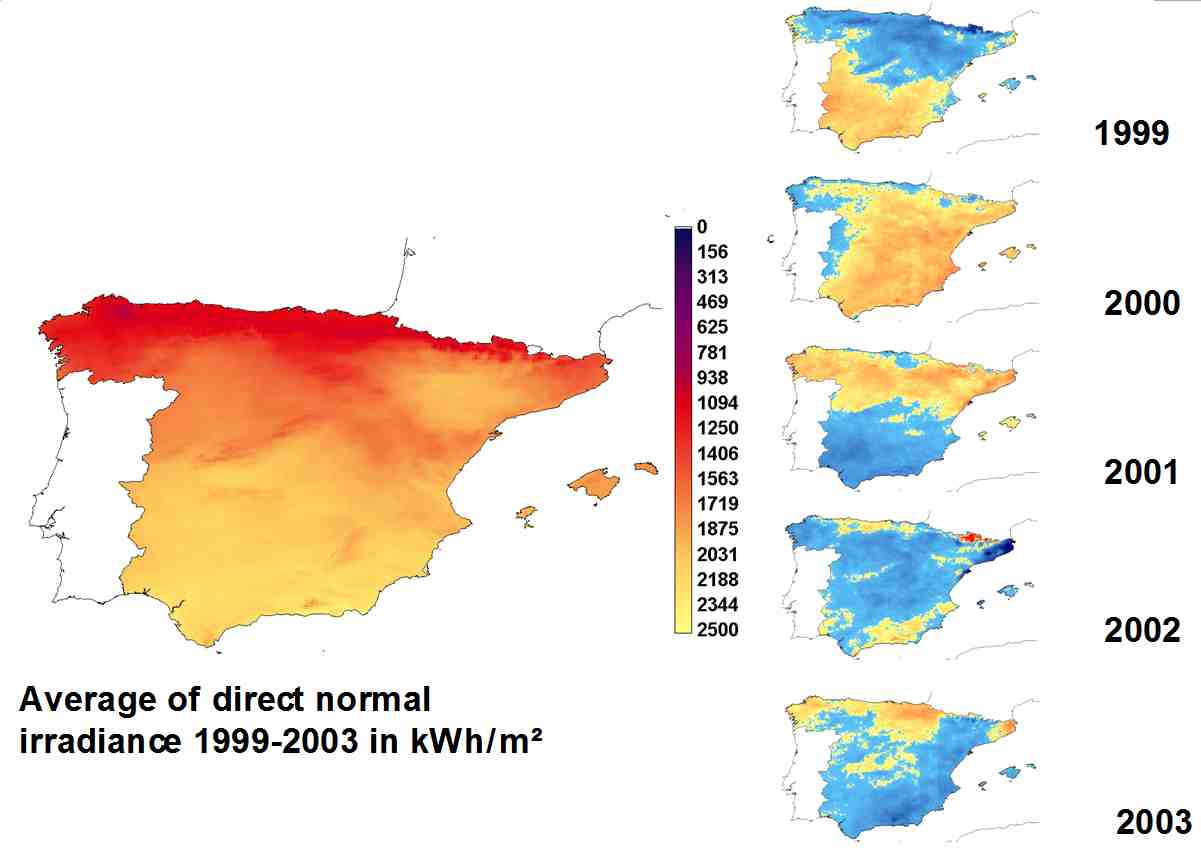 Figure 4: Spatial variability of the solar radiation. The left figure shows a five year average of direct normal radiation in Spain. The figures on the right show the annual differences to this five year average. The patterns are quite different for each year and the values change at short distances.