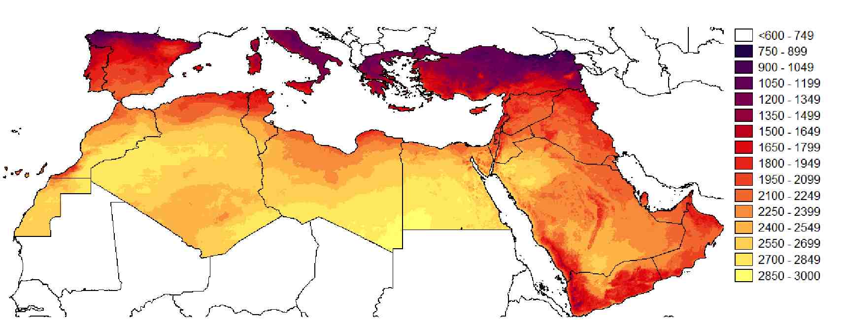 Figure 2: Annual direct normal irradiance in the Mediterranean region in the year 2002 in kWh/m2.