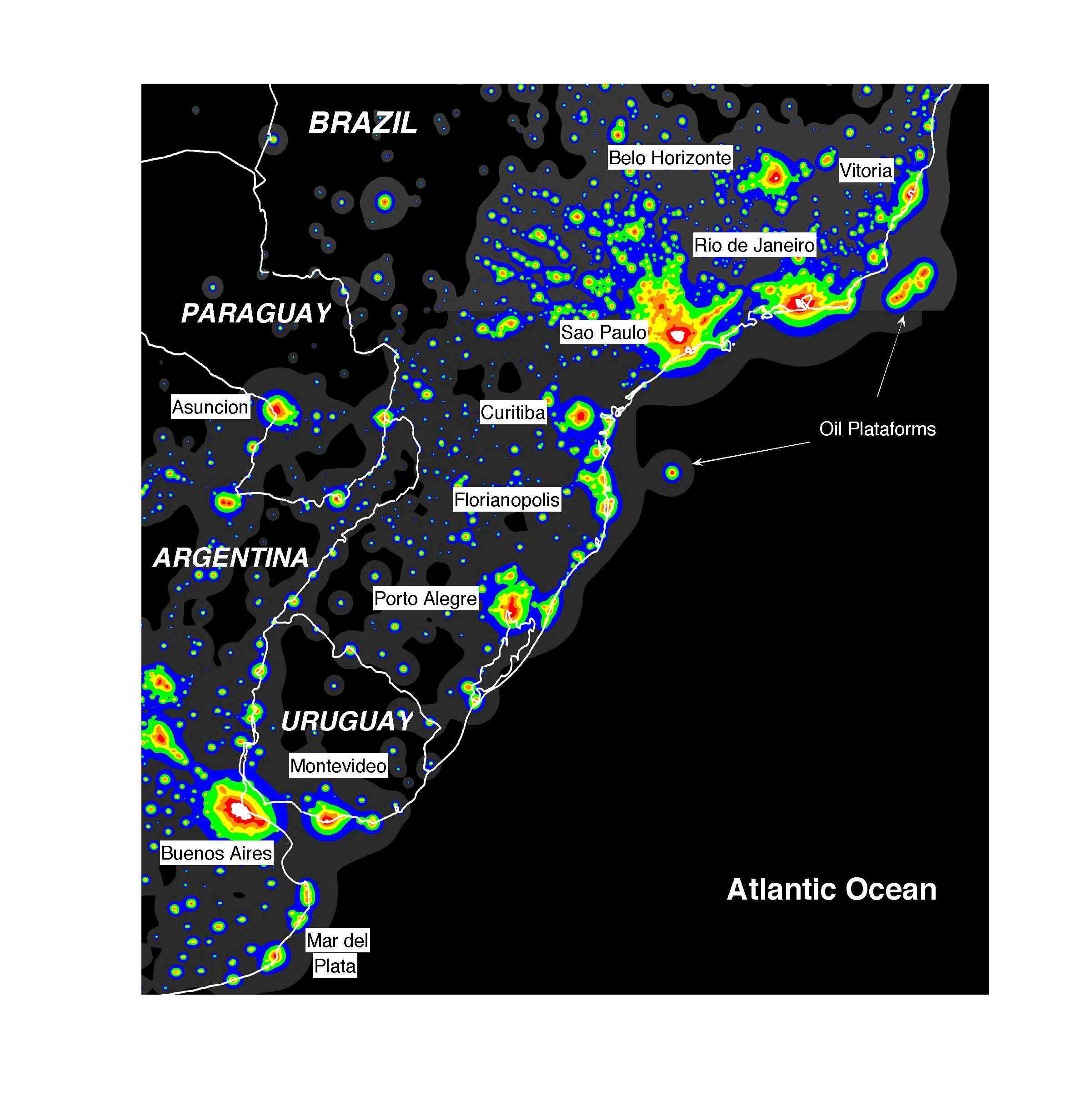 Bright colors indicate population centers in this nighttime image of the offshore study area, along 900 kilometers (559 miles) of Brazil's coast. Two oil platforms were the only ground-based sources of surface wind speed data. (From F. Pimenta, courtesy Elsevier Renewable Energy)