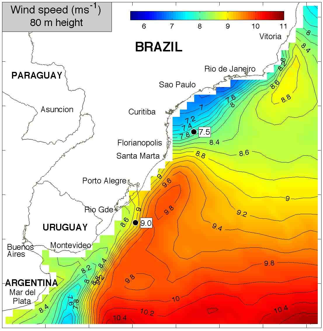 Wind speeds at a height of 80 meters (262 feet), or approximately the hub height of a turbine, indicate a viable wind resource in the study area. If the area were fully developed for offshore wind, it could supply more than Brazil's current electricity needs. Image is compiled from satellite, buoy, and bathymetric data. (From F. Pimenta, courtesy Elsevier Renewable Energy)