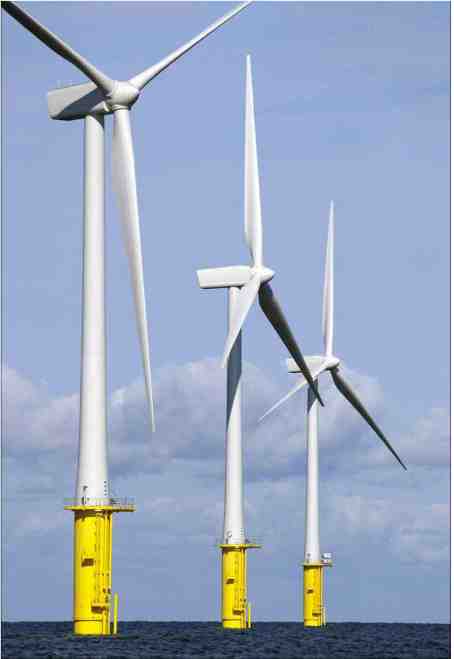 Offshore wind turbines take advantage of predictable winds to produce carbon-free energy; potential sites are often close to electricity-hungry population centers. (Courtesy A. Upton, npower renewables)
