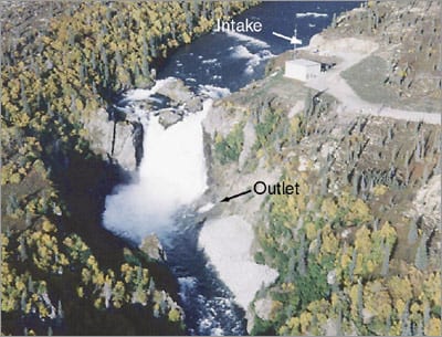 Run-of-river hydropower. The Tazimina project in Alaska is an example of a diversion hydropower plant. No dam was required. U.S. Department of Energy photo