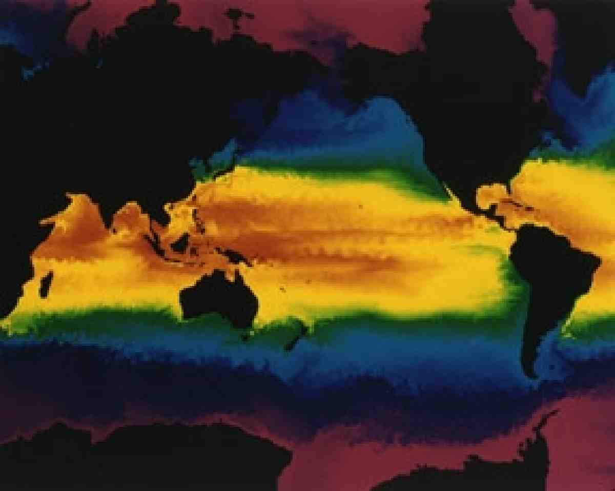 U.S. Department of Energy Digital Photo Archive. This photo illustrates the surface temperatures of the ocean as simulated with a three dimensional global ocean model developed at Los Alamos National Laboratory. Warm temperatures are shown in red and coolest in blue. Continents and islands are black. Differences in ocean current temperatures are essential to Ocean Thermal Energy Conversion as an alternative energy.