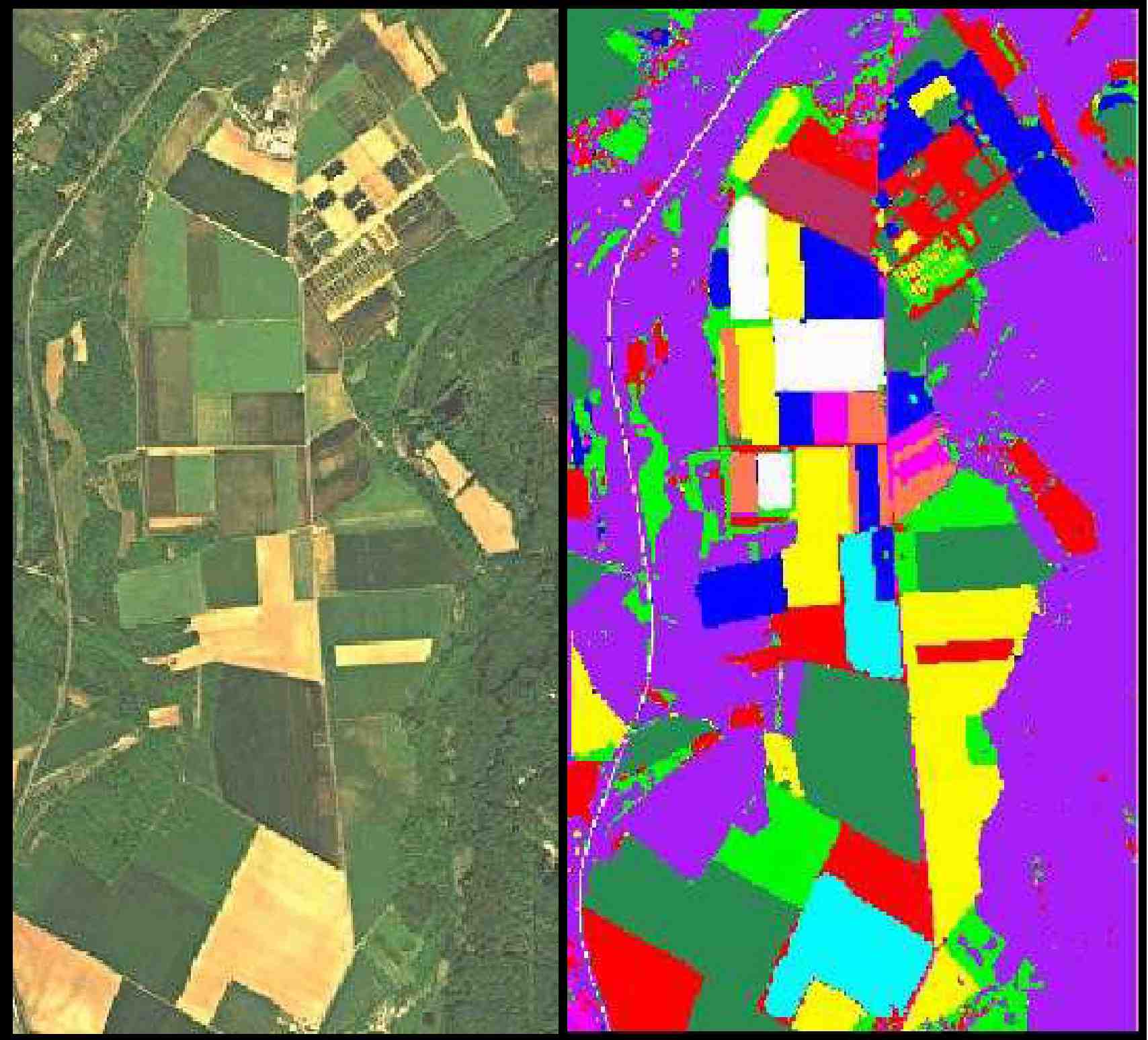 Examples of past ARIANA projects: Agricultural and  peri-urban areas classification result, using Markov random fields from a hyperspectral image. Left: å© Astrium/EADS. Right: å©  INRIA/ARIANA