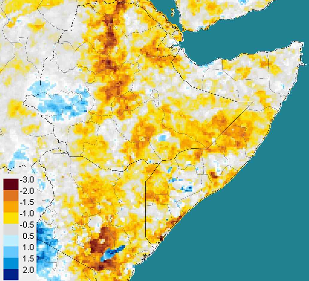 The March-April-May Standardized Precipitation Index (MAM SPI) image, based on precipitation data obtained from NOAA's Climate Prediction Center, shows the extreme drought conditions in Kenya with an area of SPI values in the -2 to -3 range in the southern part of the country.
