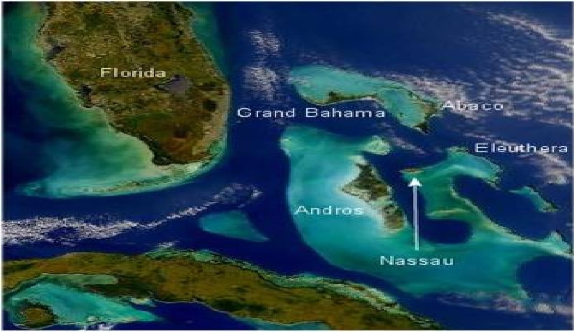 A map of the Bahamas showing Florida and Nassau.