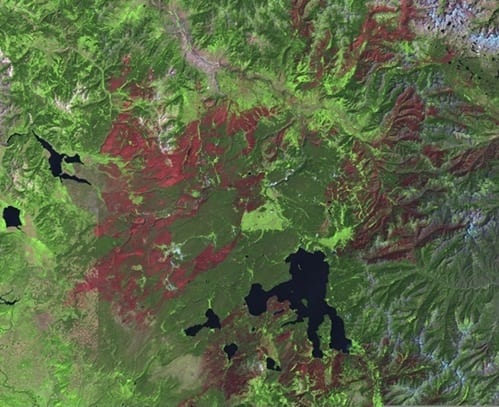 Satellite image of Yellowstone National Park with fire scars