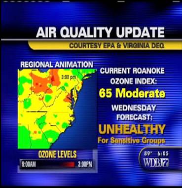 Figure 4. Local TV station (WDBJ) in Richmond, VA using AIRNow AQI maps as part of the evening news weathercast.
