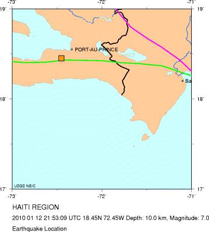 2.  Enriquillo-Plantain Garden fault zone runs across Haiti. Fault system in the vicinity of the 12 January 2010 quake, epicenter is the orange square. Enriquillo-Plantain Garden Strike-Slip Fault Zone: A Major Seismic Hazard Affecting Dominican Republic, Haiti And Jamaica