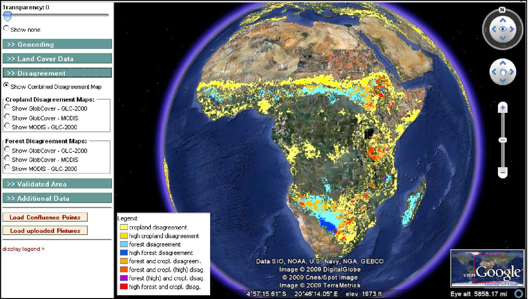 Figure 2. Results of global land cover disagreement in both cropland and forest areas, based on an analysis of three existing land cover products: GLC-2000, MODIS and GlobCover.