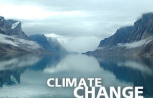 Image of lake with storm clouds and Climate Change written in text