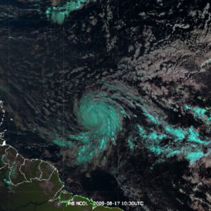 Tropical storm Bill moving westward through the Hurricane Alley ÛÒ August 2009 Meteosat-8 RGB composite.