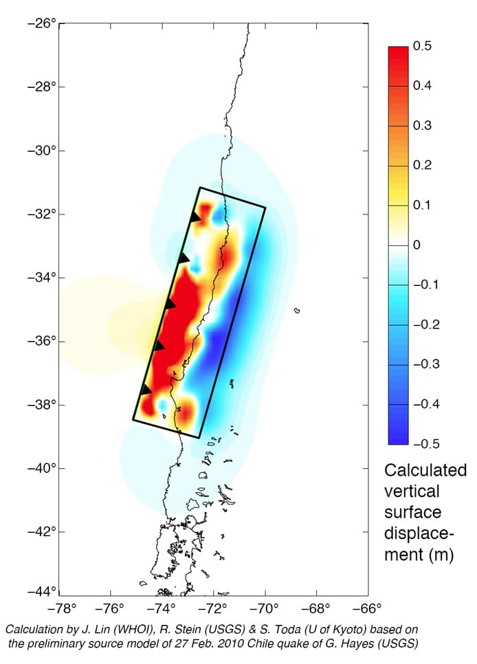 Energy propagation pattern of the 27 February 2010 tsunami calculated with MOST forecast model. Filled colors show maximum computed tsunami amplitude in cm during 24 hours of wave propagation. Black contours show computed tsunami arrival time. Credit NOAA/PMEL/Center for Tsunami Research.