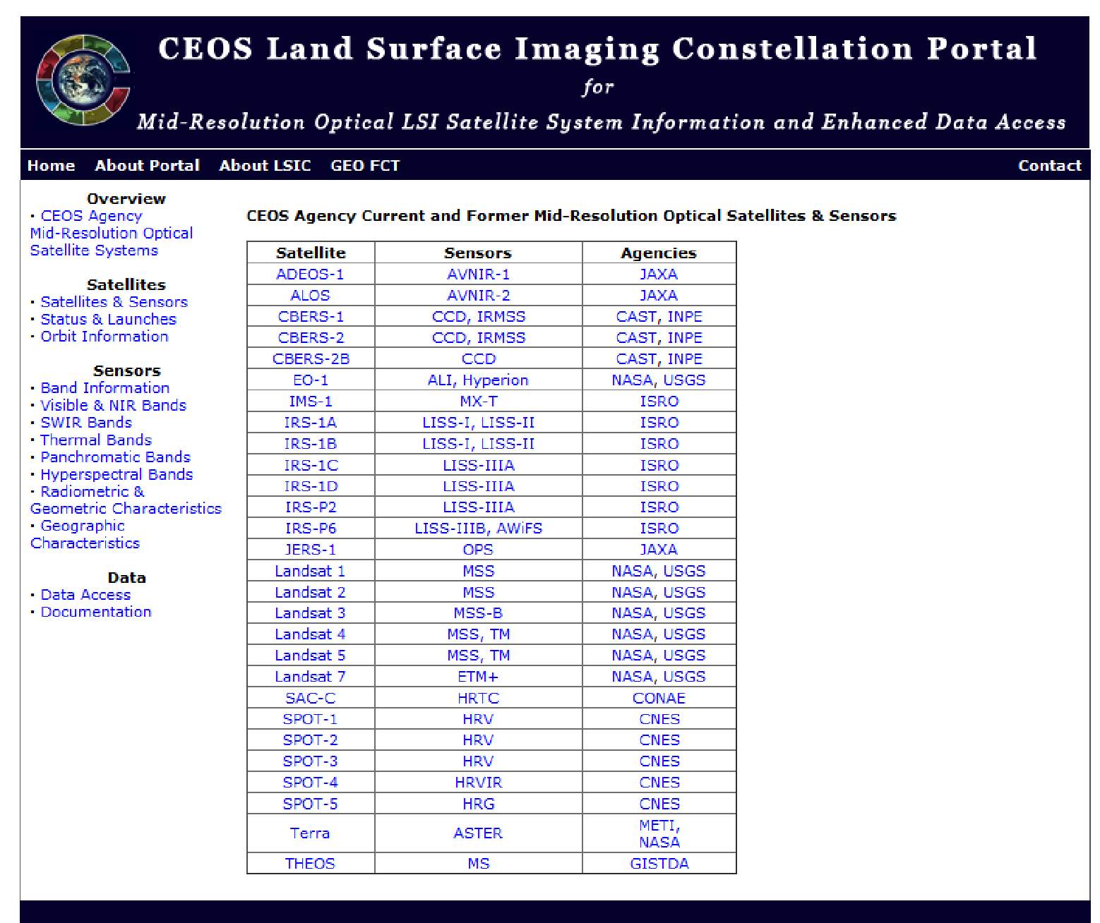 Figure 2. CEOS LSI Constellation Portal web page for additional information about mid-resolution, optical satellites and sensors.