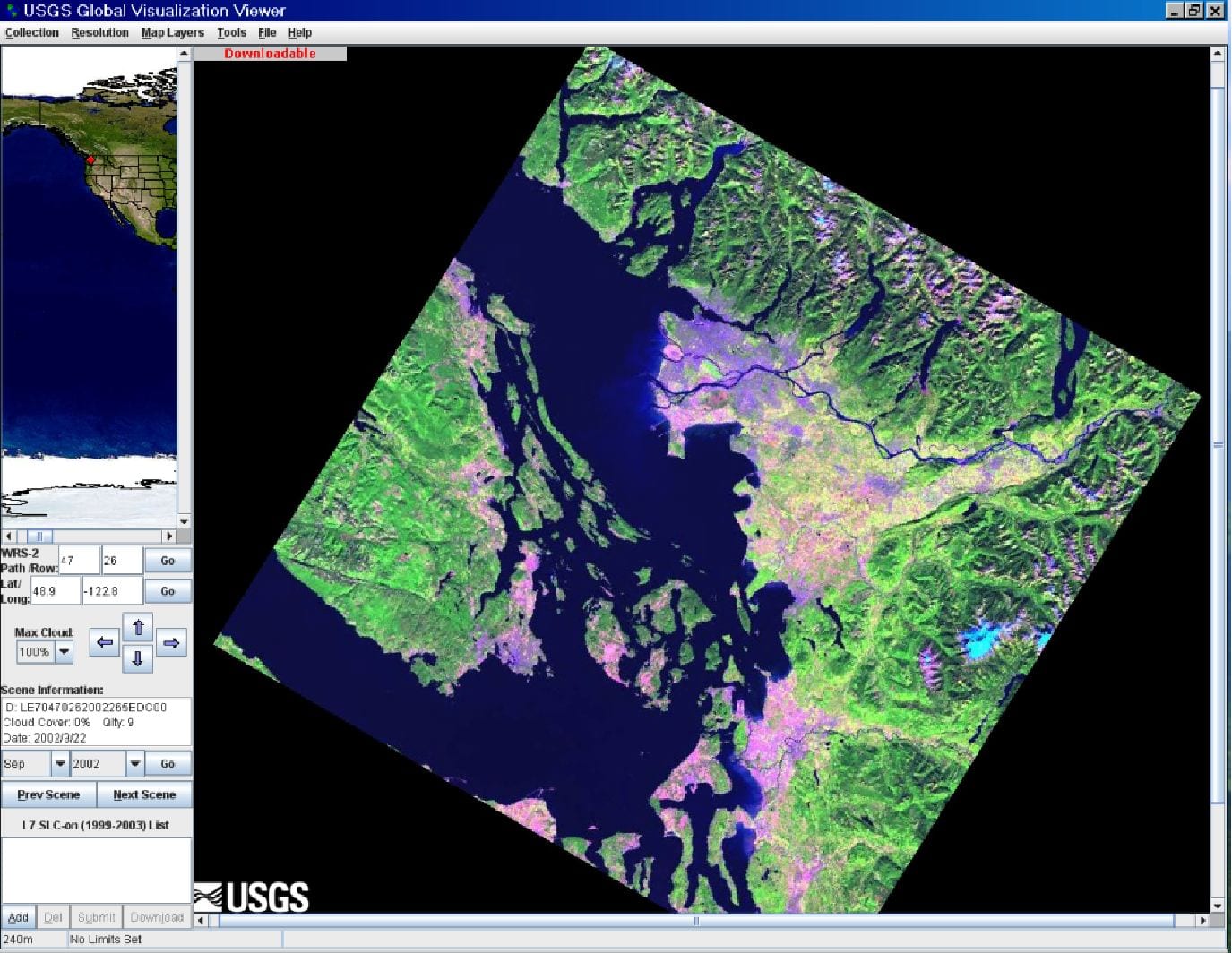 Figure 1. Example browse image that includes the Vancouver, Canada region, acquired by Landsat-7, 22 September, 2002.