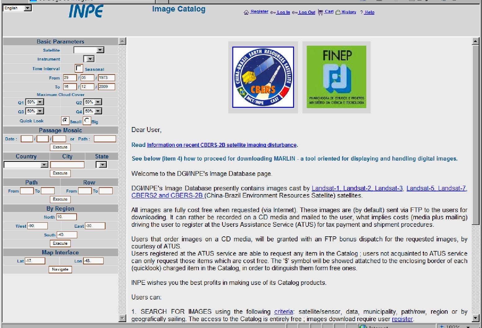 Figure 3. National Institute for Space Research (INPE) web page linked from CEOS LSI Constellation Portal for access to CBERS-2 browse images and data. 
