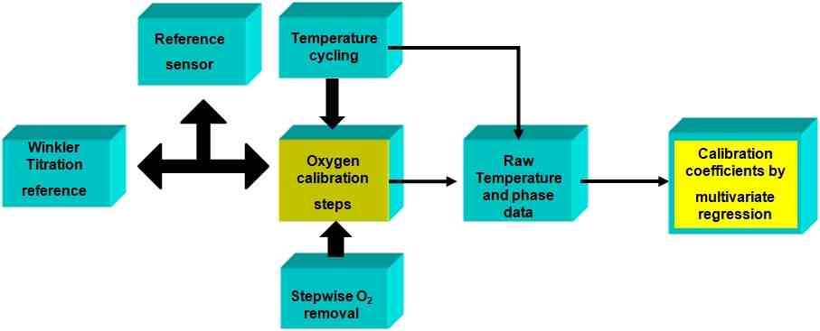 Figure 4: Workflow scheme for the proposed oxygen sensor calibrations.  Left part: Oxygen calibration steps and temperature cycling. Right part: Workflow describing how the calibration function is obtained.