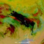 Meteosat-9 image of the ash cloud from the volcanic eruption under Eyjafjallajoekull Glacier in Iceland.