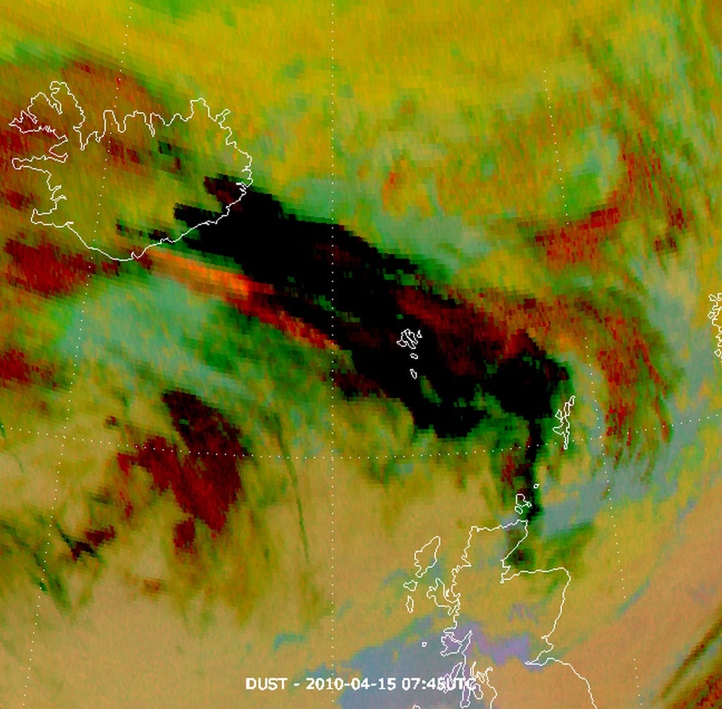Meteosat-9 observes the ash cloud from the volcanic eruption under Eyjafjallajoekull Glacier in Iceland. Initially the cloud shows a distinctive black colour, due to ice particles which mask the ash signature. As the cloud progresses eastwards the cloud takes a reddish hue, clearly indicating the presence of volcanic ash.