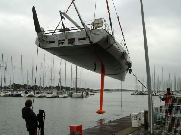 The first SolOceans One-design was brought ashore at La Trinité-sur-Mer in early March, before returning to the Saint Philibert Base (Morbihan – France).  Photo SailingOne 