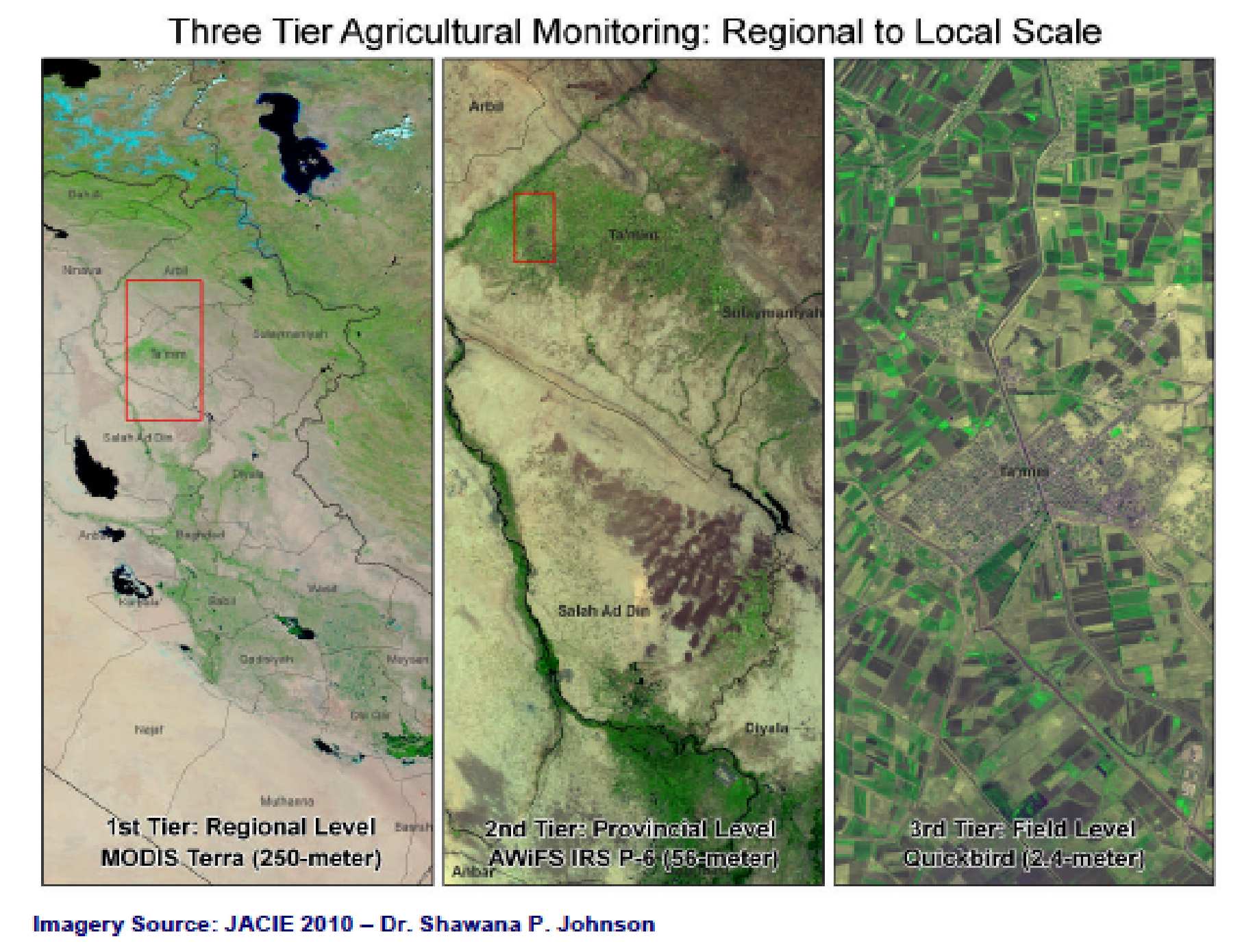 Figure showing three succesively zoomed-in sat images.