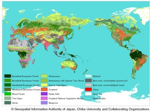 Figure 2 Global Map Version1 - Global Land Cover - Figure 2 shows the situation of land cover all over the world. The data are classified into 20 categories such as forest (broadleaf or needleleaf, evergreen or deciduous are distinguished), cropland, paddy fields, wetlands and urban areas. Figure 3 shows forest distribution and its density. The percent tree cover is higher in areas in deeper green. Original data have information on the coverage of tree canopy in each 30 arc-second (about 1km) grid, by 0% to 100%. These two datasets were developed using MODIS satellite imagery by GSI and Chiba University. NMOs also made collaboration in providing training data for classification and data validation.
