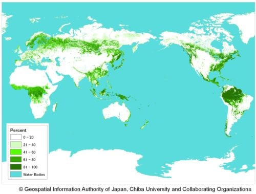Figure 3 Global Map Version1 - Global Percent Tree Cover  As an example of its many applications, Global Map is used for runoff analysis in Integrated Flood Analysis System (IFAS) developed by the International Center for Water Hazard and Risk Management (ICHARM), Public Works Research Institute of Japan (Figure 4). The main objective of IFAS is to reduce flood damages in developing countries where hydrologic information is not sufficiently available. In addition to satellite-based and ground-based rainfall data, Global Map Land Use and Land Cover data is used for setting parameters such as roughness and surface permeability in combination with other data such as soil and geological data. Global Map Elevation data are used for creating a basin boundary and a water flow network.
