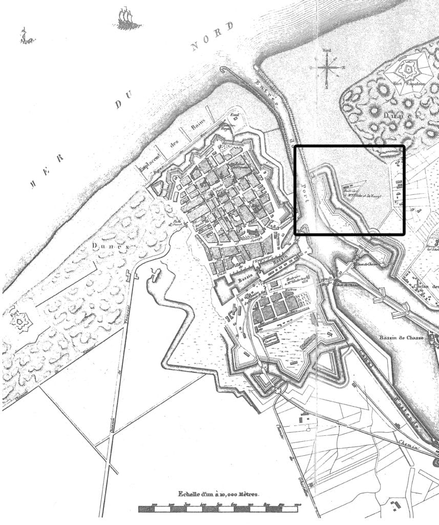 Topographic map of Ostend, showing the location of the 19th century worlds first marine station, the oyster farm Valcke-Deknuyt and the present InnovOcean site